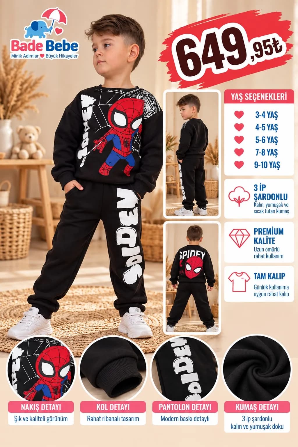 Spiderman 3 iplik şardonlu takım